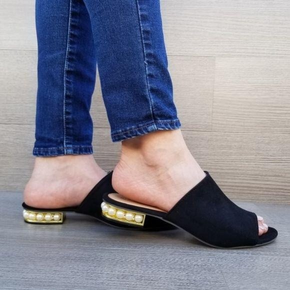 Shoes - Black Vegan Suede Loafer Open Toe Sandal Pearl